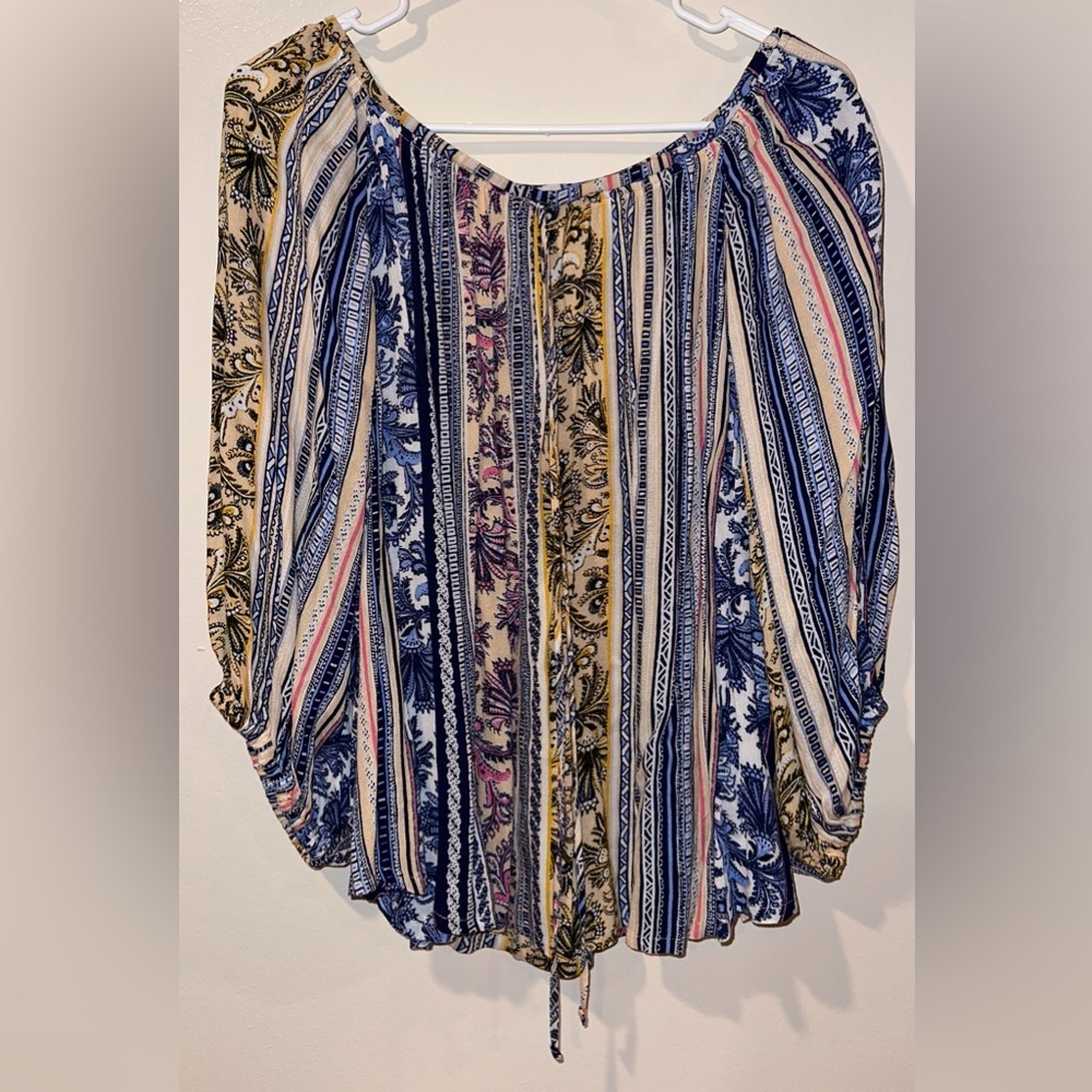 Striped Floral Peasant Top - Blue, Cream & Mustard